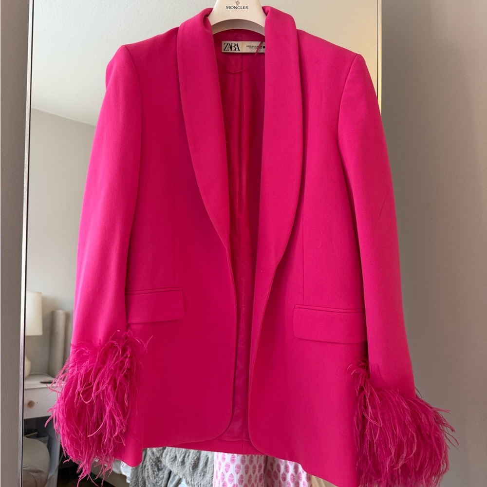 Zara Hot Pink Feather-Cuff Blazer